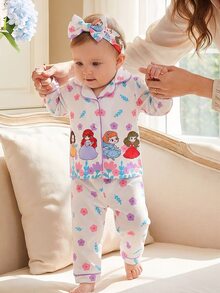 2pcs Set Piyama Bayi Perempuan Nyaman Lembut Hangat Lucu Putri Motif Bunga Warna-warni Merah Muda Tahan Api Kerah Depan Terbuka Lengan Panjang Celana Panjang - Baby Pink - View 8