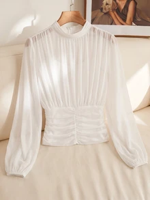 SHEIN Clasi 女款優雅素色抓皺腰部襯衫 - 白色 - 查看 5