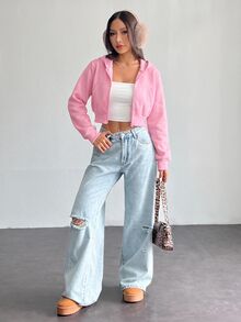 SHEIN PETITE 女款甜美短版拉鍊連帽衛衣，附口袋與長袖 - 淺粉色 - 查看 3