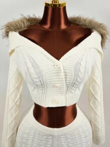 Mistrie Autumn/Winter Cozy Brown Coffee Fluffy Knit Set, Argyle Cable Knit Fitted Cropped Top & Tight Knit Shorts 2 Pieces Set - Beige - View 4