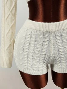 Mistrie Autumn/Winter Cozy Brown Coffee Fluffy Knit Set, Argyle Cable Knit Fitted Cropped Top & Tight Knit Shorts 2 Pieces Set - Beige - View 6