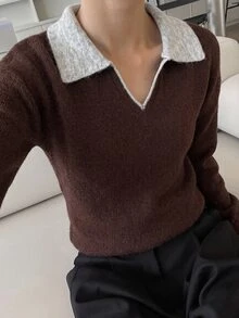 DAZY 女款領口條紋套頭短袖針織衫 - 咖啡棕 - 查看 3