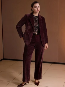 MOTF PREMIUM PLUS SIZE WOMEN'S AUTUMN/WINTER FAUX LEATHER TRIM DECORATED PATCH POCKET SUEDE BLAZER - Burgundy - View 4