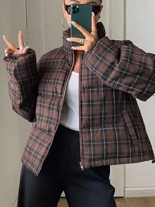 DAZY Women's Street Fashion Plaid Pocket Zipper Padded Coat - Burgundy - View 6