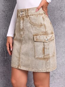 SHEIN Essnce 女款高腰工裝口袋休閒牛仔裙 - 駝色 - 查看 4