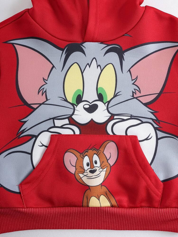 TOM & JERRY X SHEIN 男嬰卡通印花長袖連帽衛衣與運動長褲休閒套裝 - 彩色 - 查看 3