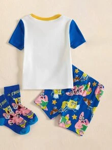 SpongeBob SquarePants | SHEIN Baby Boy Round Neck Short Sleeve Top And Shorts Loungewear Set - Blue - View 2