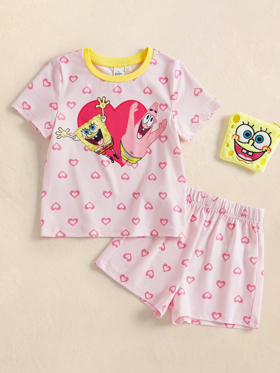 SpongeBob SquarePants | SHEIN Young Girl Cartoon Print Short Sleeve Top And Shorts Casual Daily Home Sleepwear Set - Baby Pink - View 1
