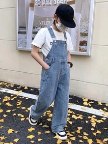 SHEIN 青少年男孩時尚休閒 Y2K 冬季藍色抓絨內裡寬鬆露背牛仔褲，黑色上學款 - 藍色 - 查看 4