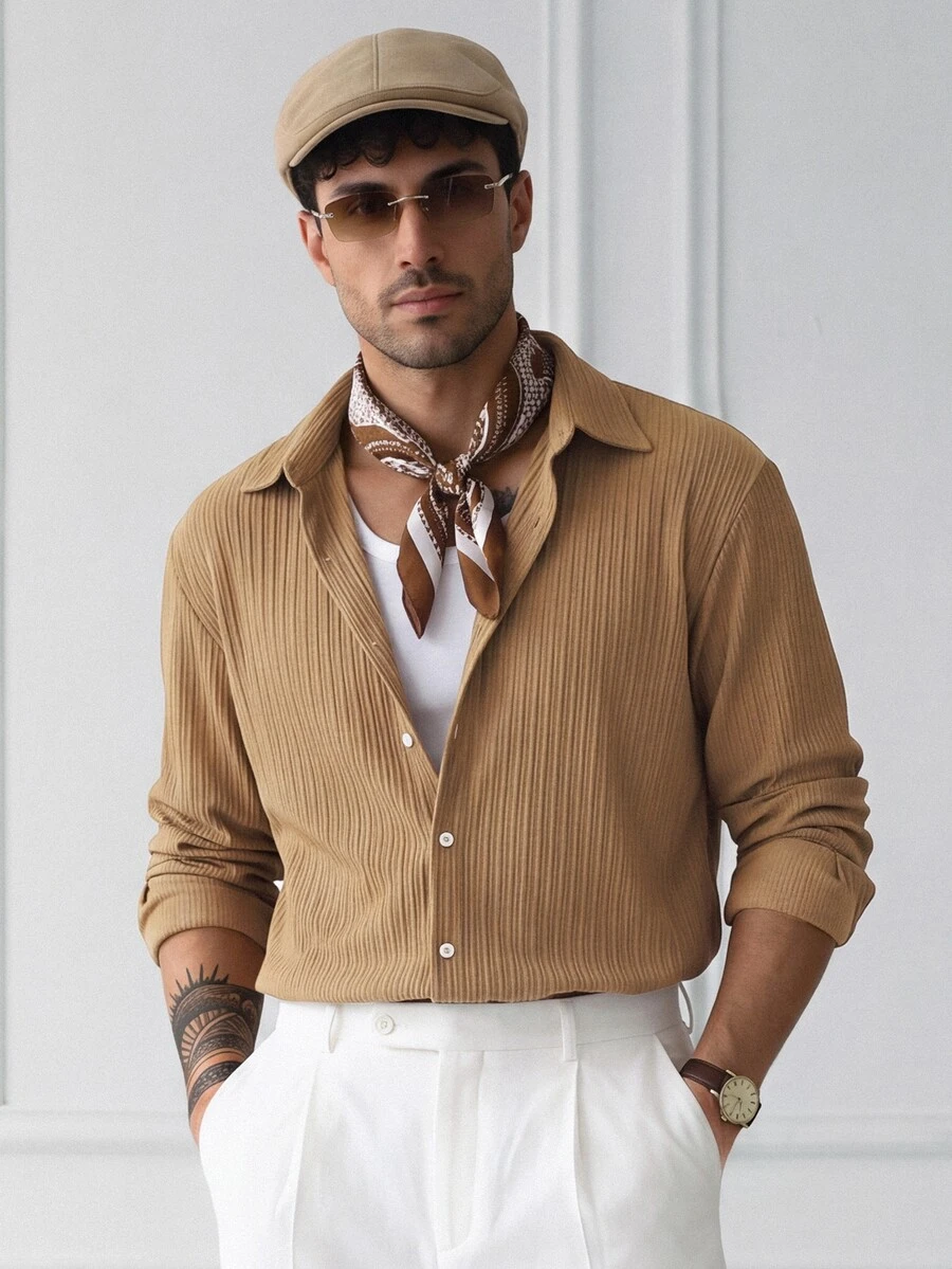 HUEFORM Men's Old Money Style Vertical Textured Knit Single-Breasted Shirt For Commuting - Khaki - View 1