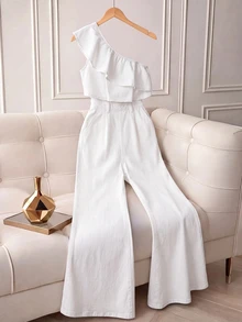 GlowEve Women's One-Shoulder Ruffle Denim Jumpsuit - White - View 2