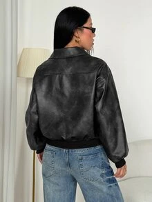 SHEIN PETITE Stylish American-Style Black Jacket With A Distressed Gradient Finish For Petite Women. - Black - View 2
