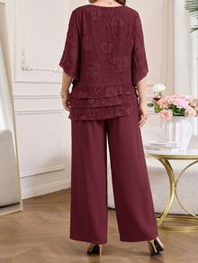 Amorya Women's Round Neck Top And Long Pants Casual Elegant Daily 2 Pieces Set Dinner Burgundy Summer - Burgundy - View 2