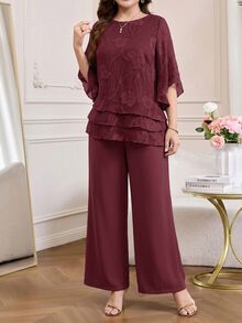 Amorya Women's Round Neck Top And Long Pants Casual Elegant Daily 2 Pieces Set Dinner Burgundy Summer - Burgundy - View 3