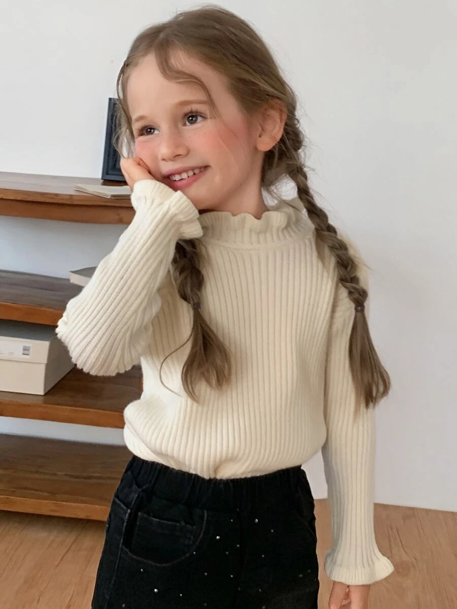 DAZY Young Girls' Stand Collar Frill Trim Fitted Base Layer Sweater, Autumn/Winter Basic Style - Beige - View 1