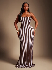 Radiana Curve Plus Size Women's Mature Style Elastic Fitted Waist Spaghetti Strap Cami Dress - Versatile Casual Elegant Commute Party Formal Night Autumn Brown - Multicolor - View 5