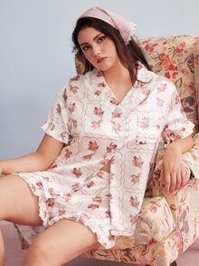 Elorette 大尺碼花卉印花上衣與短褲睡衣套裝 - 白色 - 查看 7