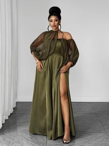 Maweii Plus Size Strapless Tie Sleeve Cinched Waist Long Slit Dress For Women - Green - View 3