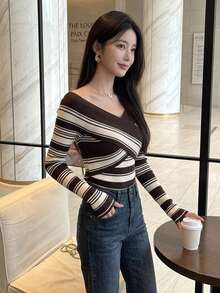 DAZY French Vintage Style Striped V-Neck Cross Off-Shoulder Knit Sweater For Women, Autumn/Winter New Arrival - Khaki - View 2