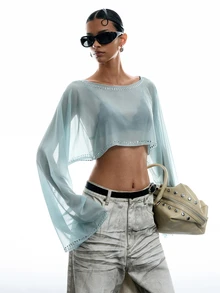 LYSMO Women's Rhinestone Embellished Casual Versatile Daily Wear Shirt, Fall Clothes, Social Blouse, Y2k, Chic Top Halloween - Mint Blue - View 4