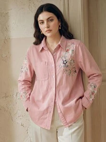 Anewsta Women's Plus Size New Fashion Exquisite Heavy Embroidery Pink Denim Top For Brunch Formal/Casual/Traditional Fall - Pink - View 3