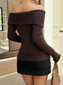 TRNVIE Sweater Rajut Lengan Panjang Musim Gugur/Musim Dingin yang Serbaguna dan Elegan, Model Bahu Terbuka dengan Hiasan Rumbai dan Pinggang Pas. - Coklat - View 2