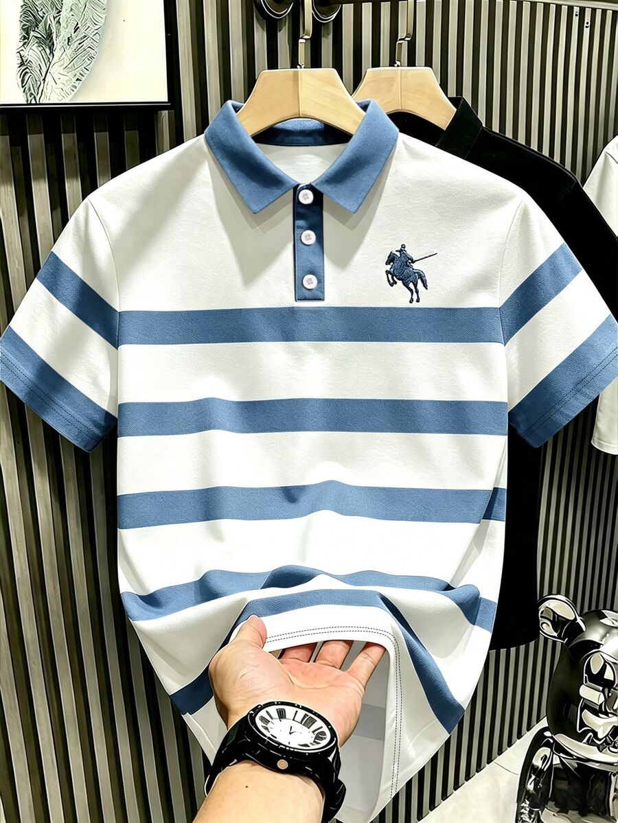 Manfinity Hypemode 復古丹寧風藍白對比條紋 Polo 衫,小馬標誌印花,藝術短袖上衣,男女款圖案 T 恤,夏季休閒日常百搭上衣 - 彩色 - 查看 1