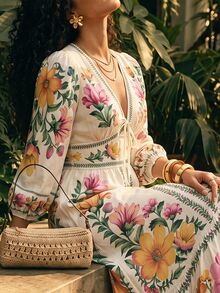 CAJUNI Long Summer Dress With Puff Sleeves And Floral Print. - Multicolor - View 6