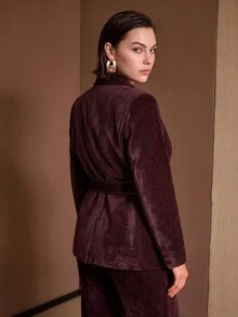 MOTF PREMIUM PLUS SIZE WOMEN'S AUTUMN/WINTER FAUX LEATHER TRIM DECORATED PATCH POCKET SUEDE BLAZER - Burgundy - View 8
