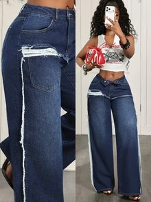 Slaydiva Women's Casual Daily Denim Straight Leg Pants With Pockets And Buttons - Dark Wash - View 1