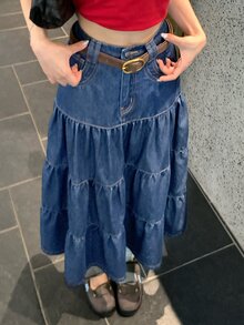 DAZY Rok Denim Multilayer Kasual Wanita untuk Musim Gugur - Biru - View 8