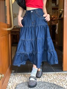 DAZY Rok Denim Multilayer Kasual Wanita untuk Musim Gugur - Biru - View 7