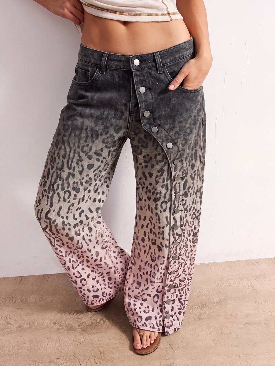 Bohemela Women's Designer Leopard Print Button Pocket Denim Jeans - Multicolor - View 1