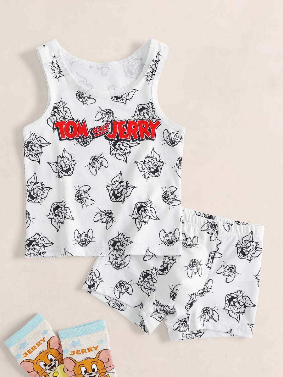 TOM & JERRY X SHEIN Young Boy Cartoon Print Tank Top And Shorts Underwear Set - White - View 1