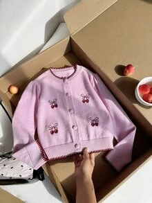 少女櫻桃刺繡長袖單排扣針織開襟衫 - 粉色 - 查看 4