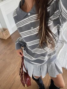 K-Vae Women's Casual Colorblock Striped Sweater, Autumn/Winter - Grey - View 7