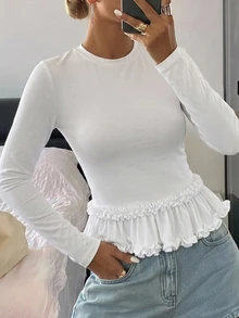 DAZY 女款純色修身圓領短袖拼接蕾絲飾邊休閒夏季T恤 - 白色 - 查看 6