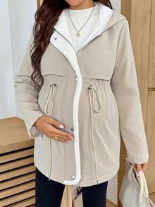 SHEIN Maternity Long Sleeve Zipper Front Drawstring Waist Hooded Winter Jacket - Khaki - View 6