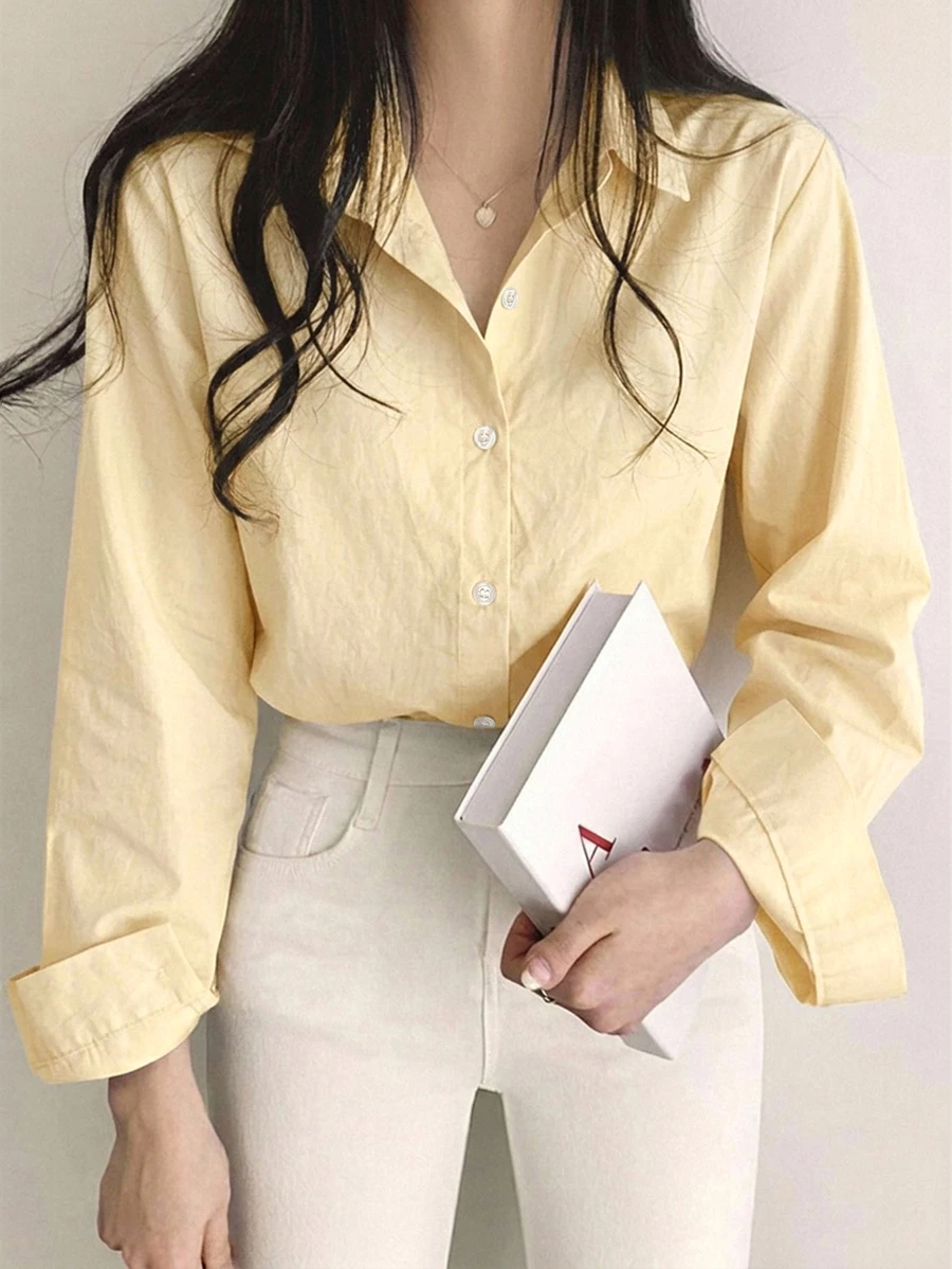 DAZY Women's Solid Color Long Sleeve Single-Breasted Casual Commute Shirt - Apricot - View 1