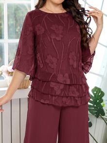 Amorya Women's Round Neck Top And Long Pants Casual Elegant Daily 2 Pieces Set Dinner Burgundy Summer - Burgundy - View 7