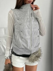 K-Vae Women's Street Style Napoleon Zipper Vest Jacket With Pockets - Grey - View 4