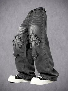 Manfinity Denimwave 男士街頭風哥德式十字印花黑白對比丹寧喇叭牛仔褲 - 灰色 - 查看 1