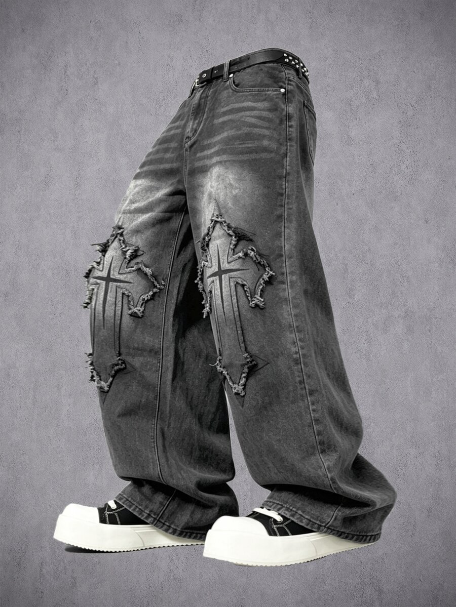 Manfinity Denimwave 男士街頭風哥德式十字印花黑白對比丹寧喇叭牛仔褲 - 灰色 - 查看 1