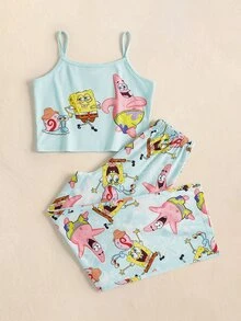 SpongeBob SquarePants | SHEIN 2pcs Fun Casual Style Tween Girl Camisole Top & Pants Comfortable Loungewear Set - Multicolor - View 1