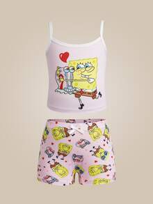 SpongeBob SquarePants | SHEIN طقم ملابس داخلية كاميسول وشورت بطبعة كرتونية للفتيات الصغيرات - وردي - مشاهدة 1