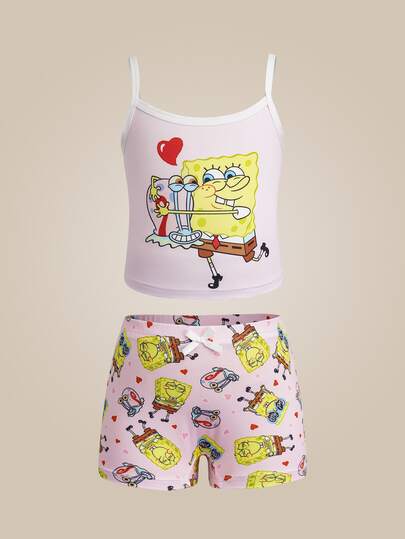 SpongeBob SquarePants | SHEIN Set de lenjerie pentru fete tinere cu maiou și pantaloni scurți, cu imprimeu desen animat