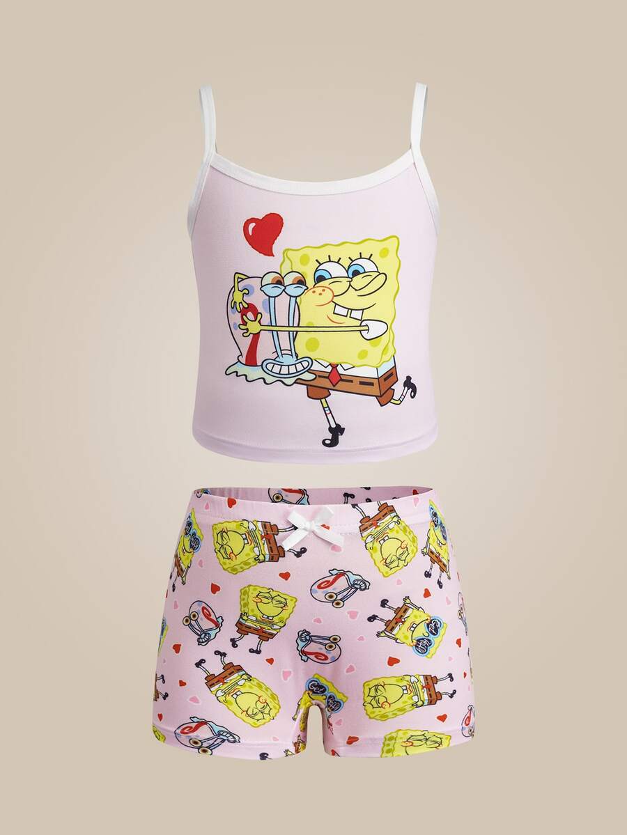 SpongeBob SquarePants | SHEIN طقم ملابس داخلية كاميسول وشورت بطبعة كرتونية للفتيات الصغيرات - وردي - مشاهدة 1