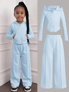 Young Girl Young Girl Kids Fashion Casual Knit Solid Color Hooded Jacket Set - Blue - View 1