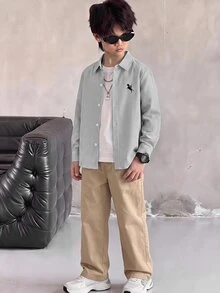 SHEIN 1件兒童青少年男孩黑白條紋單排扣短袖紋理休閒條紋領襯衫，秋冬款，休閒學院風，舒適時尚，簡約實用百搭，可愛柔軟，適合日常穿著、上學、旅行、海邊度假 - 黑色 - 查看 6
