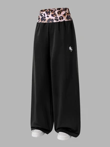 青少年女孩豹紋拼接騎士圖案休閒日常穿著運動長褲 - 彩色 - 查看 4